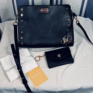 MK Sylvie Studded Black Leather Med. Messenger Bag, Coin Purse & Dust Bag, NWT